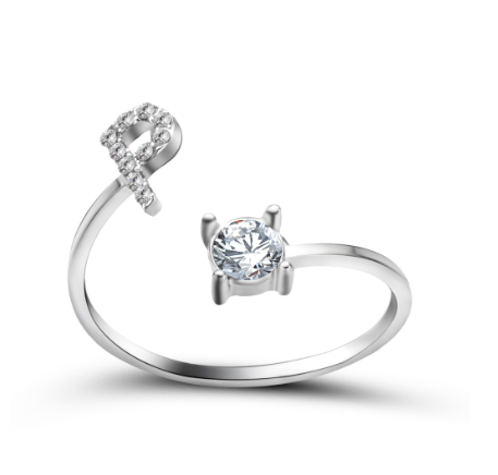 Silver A-Z Letters Ring for Women Cubic Zirconia Initial Letter Ring Fashion Jewelry Gift Adjustable P