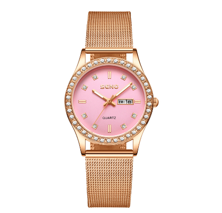 SENO Women's Watches Casual Stainless Steel Alloy Quartz Waterproof Ladies Wristwatches Luxury Elegant Rhinestone Full Diamond Female Watch PINK MESH STRAP