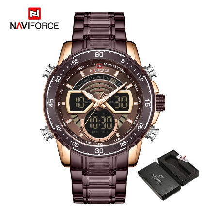 Naviforce Nf9189 Men Luxury Brand Sport Chronograph Stainless Steel Digital Analog Watches ROSEGOLE COFFEE