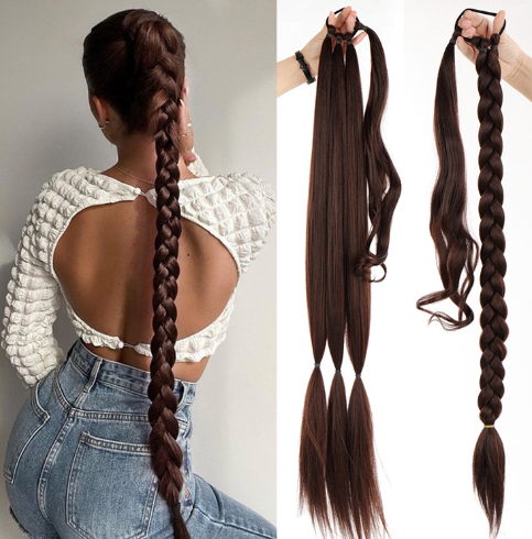 Long Braided Ponytail Hair Synthetic Extensions for Women Black Brown Pony Tail with Hair Rope High Temperature Fiber