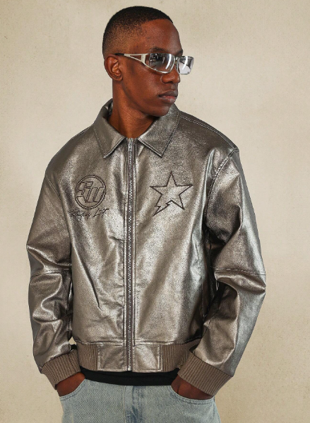 SUMWON Metallic Bomber Jacket With Patches & Embossed Design