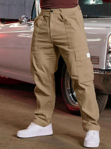 Manfinity LEGND Loose Fit Men's Cargo Pants With Letter Patches Flap Pockets And Side Straight Leg Long Cotton Plain Going Out