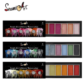 SeamiArt 6 Colors Semi Dry Glittery Watercolor Set Cool Color Warm Color Metal Color Is Optional