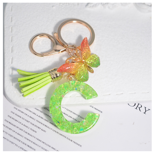 Glitter Green 26 Letter Resin Keychain Fashion Sequin Filled A-Z Alphabet Keyrings For Women Car Key Holder Accessories Souvenir C