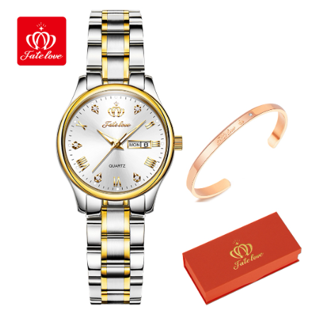 Fate Love Watch For Women Waterproof Original Fashion Wrist Watch WHITE DIAL TWO TONE