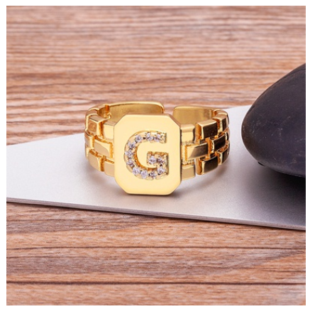 New Arrival Fashion Gold Color Initial Ring Open Design Adjustable Hot Sale A-Z Letters Zircon Rings For Women G
