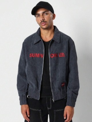 SUMWON Corduroy Bomber Zip Through Jacket With Embroidery
