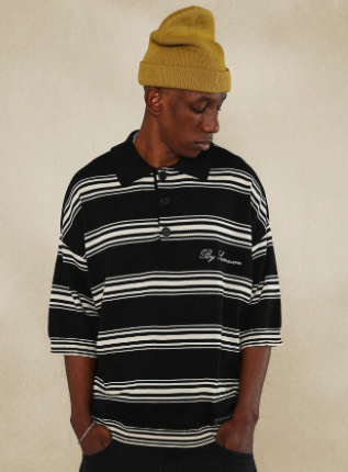 SUMWON Oversized Fit Stripe Knit Polo Top With Embroidery Design