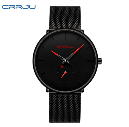 CRRJU Fashion Mens Watches Top Brand Luxury Quartz Watch Men Casual Slim Mesh Steel Waterproof Sport Watch 2150X BLACK RED 3
