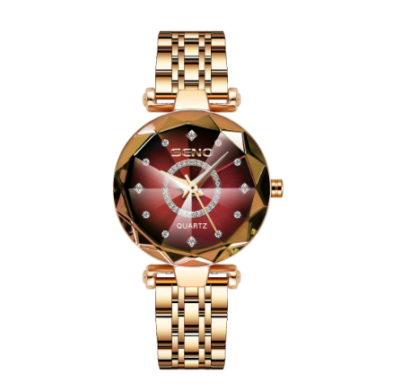 Seno Ocean Star Steel Band Women's Watch Fashion Crystal Ladies Quartz Wristwatch GOLD RED