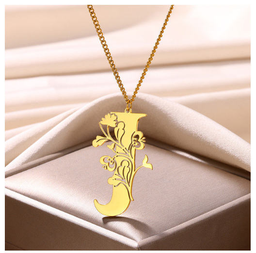 Beauty Flower A-Z Letter Necklaces for Women Men Stainless Steels Flower Initial Pendant Necklace J