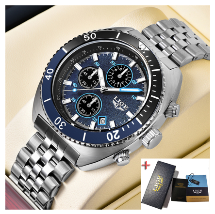LIGE Dial Diameter Watch Fashion Men Waterproof Watches Stainless Steel Sport Chronograph Quartz Brand WristWatch BLACK BLUE