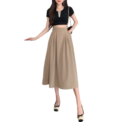 Lovito Women Fabric Stitching Ruched Pleated Skirts LNE21304 (Khaki)