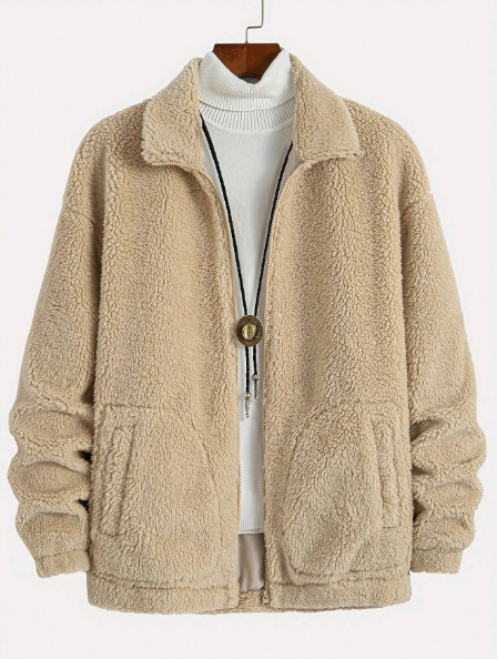 Men's Classic Solid Color Fluffy Zip-Up Jacket With Side Pockets, Casual, Street Style, Winter New Arrival