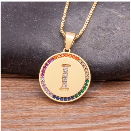 New Arrival Luxury A-Z Initial 26 Letters Pendant Charm Chain Necklaces High Quality Zircon Rainbow Jewelry I