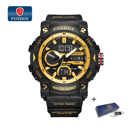 FOXBOX New Relo Digital Watch Men 2.16inch Big Dial Dual Display Outdoors Waterproof Sport Luminous Silicone GOLD