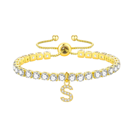 Vnox Cubic Zircon Letter Bracelet for Women Girl,18K Gold Handmade Initial Tennis Shiny Wedding Chain Link Jewelry Gift S