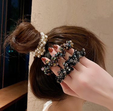 Crystal Pearl Beaded Hair Tie Scrunchie Elastic Hair Rubber Band Ponytail Holders Hair Rope Rubber Bands Woman Hair Ring
