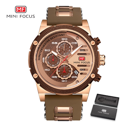 Mini Focus Watch Men Sports Waterproof Chronograph Analog Quartz Fashion Silicone GOLD BROWN
