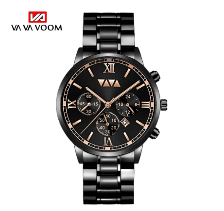 VA VA VOOM Fashion Men's Watches Top Brand Luxury Business Watch Calendar Waterproof Leather Quartz Watch BLACK ROSEGOLD