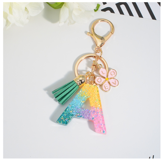 Fashion 26 Letter Resin Keychain A-Z Round Sequins Filled Alphabet Flower Pendant Keyring with Tassel Bag Ornament Accessories A
