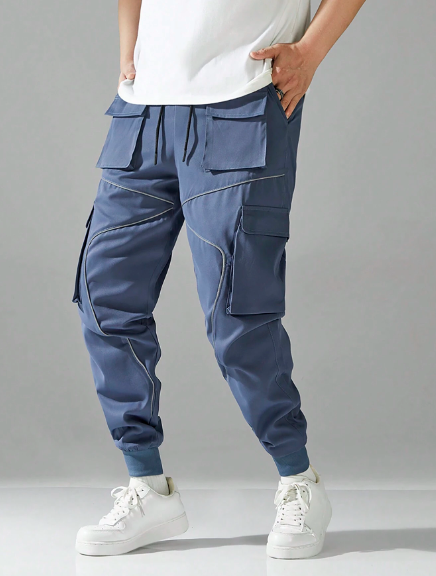 Men's Solid Color Drawstring Waist & Elastic Cuff Functional Cargo Pants