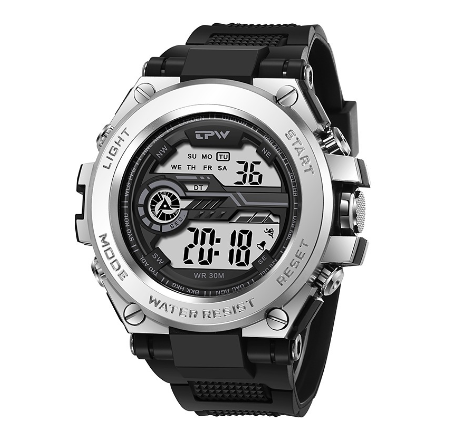 TPW Mens Digital Watches Army Military Watches Alarm Sport Stopwatch For Male Waterproof 30M Wristwatch SILVER BLACK