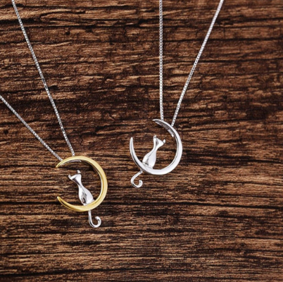 Lovely Cat On The Moon Charm Pendant Necklace Silver Chain Jewelry