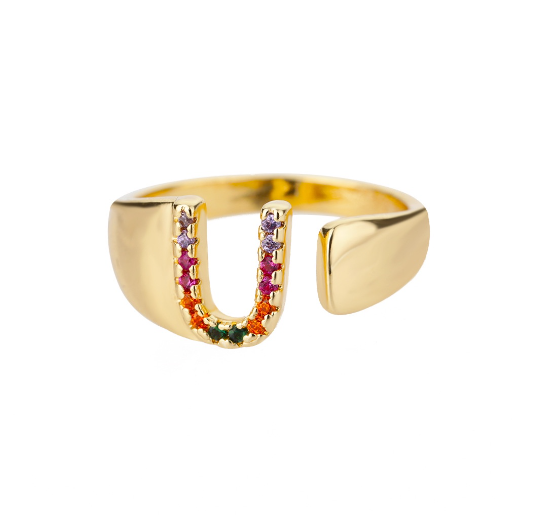 Maxzone Fashion Colorful Chunky Wide Letter A-Z Rings For Women Gold Opening Initial Letter Ring Femme Wedding Party Jewelry U