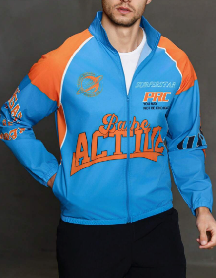 Men's Color Block Letter Printed Zipper Up Stand Collar Sports Jacket Workout Tops