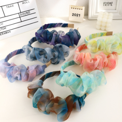 Korean New Mesh Tie-Dye Printing Headband Pleated Bubble Hair Band Ladies Hair Accessories