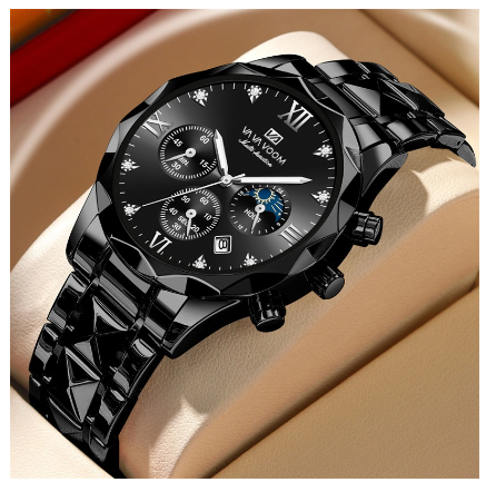 VA VA VOOM Men's Watch Stainless Steel Sports Multifunctional Clock Blue Gradual Gold Rhinestone Business Quartz Watch BLACK SILVER