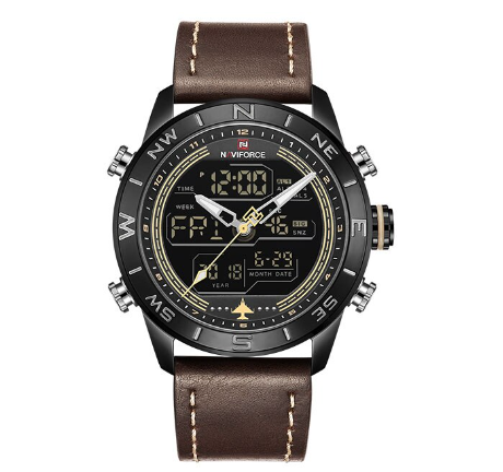 Naviforce Nf9144 Men Fashion Gold Sport Led Digital Quartz Army Military Leather Analog Watches DARK BROWN