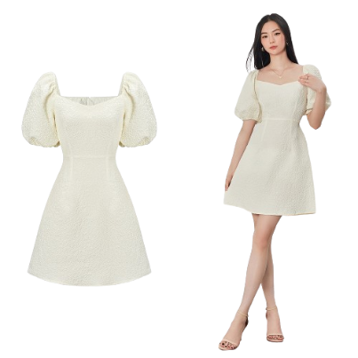 Lovito Women Puff Sleeve Square Neck Dress L62ED125 (White)
