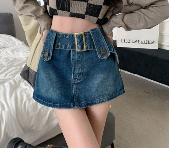 Lovito Women Belted Denim Skirts Lna17233 Dark Blue