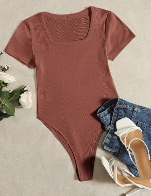 Bodysuit Short Sleeve Tops Square Neck Sexy Korean Fashion