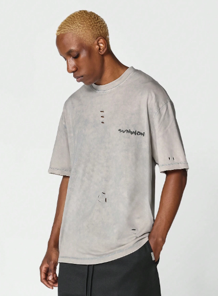 SUMWON Washed Distressed Tee With Graphic Print