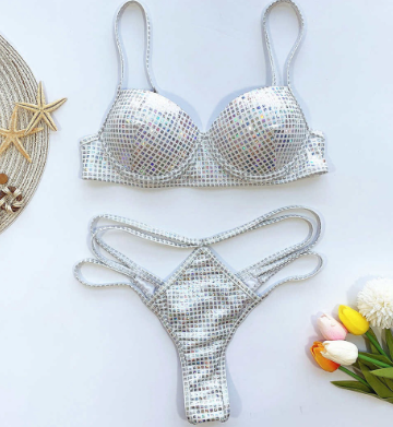 SINO.TREND Underwire Bikini Set Women Cut Out Shiny Paillette Push Up Swimwear Female Two-pieces Swi