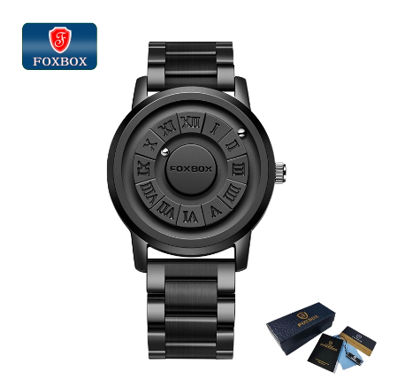 Foxbox Fashion Design Watches Men Personality Creative Magnetic Rolling Beads Quartz Leather&Stainless Steel Waterproof Watch STEEL BLACK