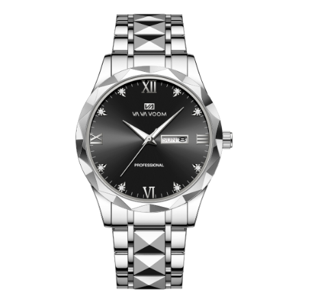 Luxury Man Wristwatch VA VA VOOM 2023 New Top Brand Waterproof Luminous Date Week Stainless Steel Business Quartz Men's Watch SILVER BLACK