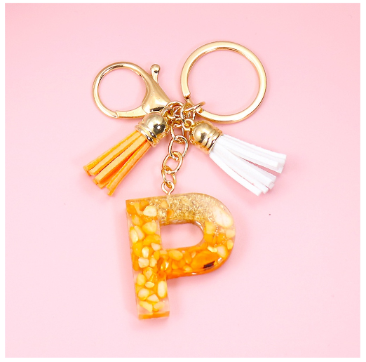 Tassel Gold Foil A-Z 26 Letter Pendent Keychain for Women Orange Resin Keyrings Girls Bag Ornamant Accessories Charms Gifts P