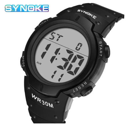 SYNOKE Men Watch Chronos Countdown Waterproof LED Digital Electronic Clock Sports Watches BLACK