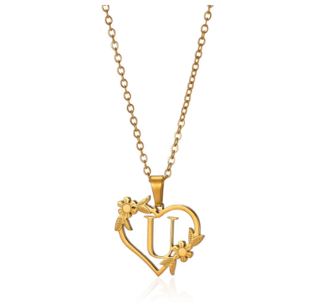 New Personalized Creative Gold Plated Stainless Steel Love Flower Hollow Heart A-Z Letter Necklace Initial Name Pendant Women's U