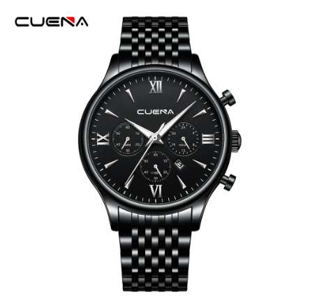 CUENA men's watch original brand luxury business simple quartz waterproof Watch BLACK SILVER