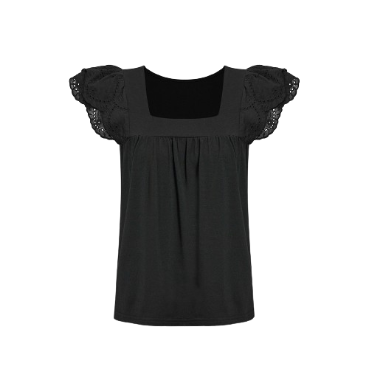 Lovito Women Casual Plain Ruffle T-Shirt LNL37016 (Black)