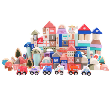 115pcs Wooden Colored City Building Construction Educational Blocks Toy Set
