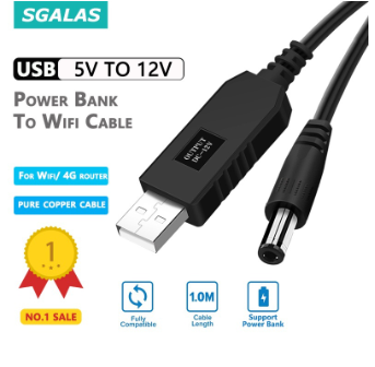 SGALAS WiFi Connector to Powerbank Cable, DC 5V to 12V USB Cable Step-up Boost Converter for Wifi Router