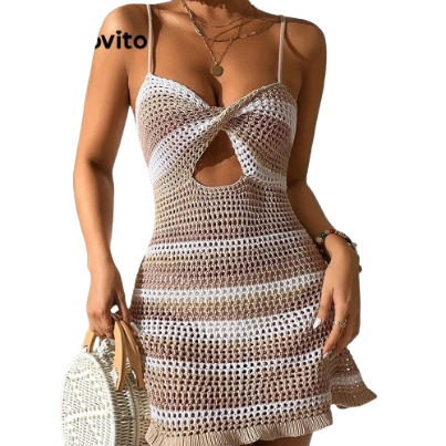 Lovito Women Boho Striped Tie Back Criss Cross Kimono LNL36099 (Light Khaki)