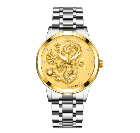 Fashion Men's Full Steel 3D Engraving Gold Dragon Quartz Waterproof Watch Men's Watch SILVER GOLD