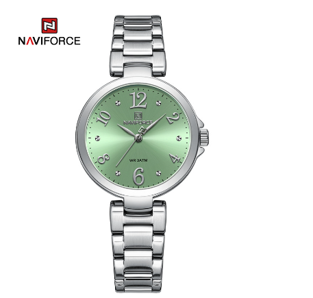 Naviforce Ladies Top Brand Fashion Quartz Stainless Steel Waterproof Analog Date Clock SILVER GREEN